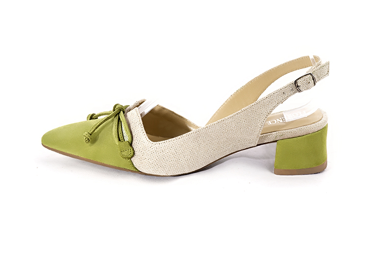 Pistachio green and natural beige women's open back shoes, with a knot. Tapered toe. Low flare heels. Profile view - Florence KOOIJMAN
